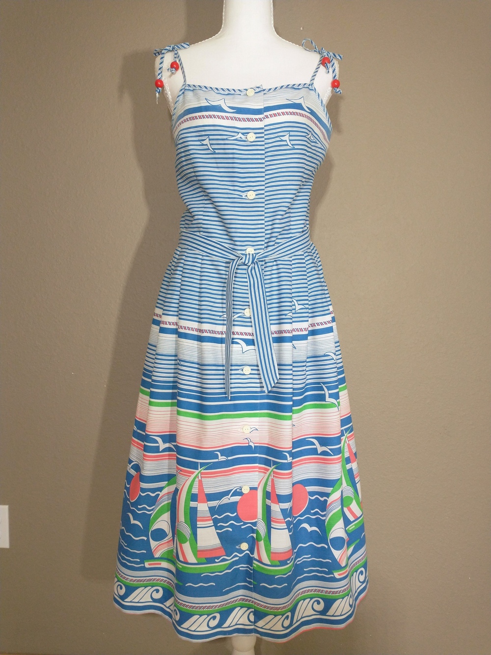 Vintage 80s 90s Sailboat Novelty Border Print Sundress Preppy Nautical Midi Tie